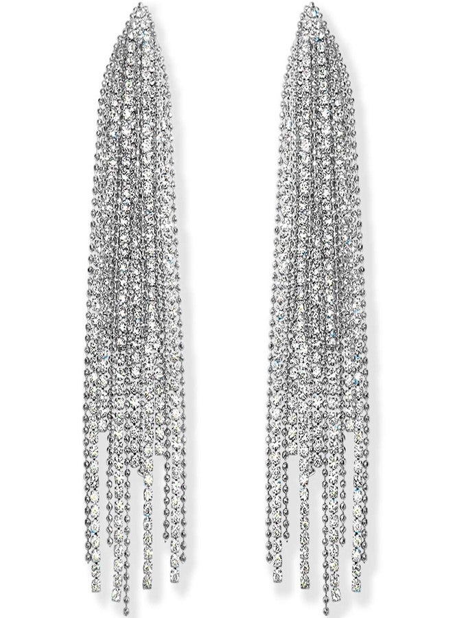 هامبل شيك نيويورك أقراط هامبل شيك مرصعة بالألماس الصناعي - أقراط متدلية كبيرة الحجم بتصميم شلال مزين بشرابة من الزركونيا المكعبة، فضية اللون - Image 1