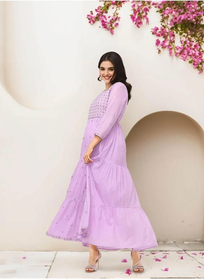 ISHIN Festive Women Lilac Cotton Dress with Embroidered pattern and features a Round neckline and Three-Fourth Sleeve secured with closure and styled in Straight Fit ideal for Festive moments — perfect for fashion-forward occasions.