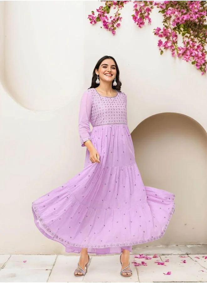 ISHIN Festive Women Lilac Cotton Dress with Embroidered pattern and features a Round neckline and Three-Fourth Sleeve secured with closure and styled in Straight Fit ideal for Festive moments — perfect for fashion-forward occasions.