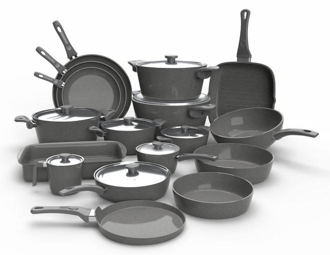 Cooking Set 25 Pieces Pot(16-20-24-26-30+ Fry Pan 20-24-30+ Grill 28+ Wok 28+Oven Tray26-30+ Oblong Tray 30 +Sauteuse 26+ Milkpot 16+Casserole 18 +Crepe Pan 28) Grey (Package May Vary) (Suitable For Induction)