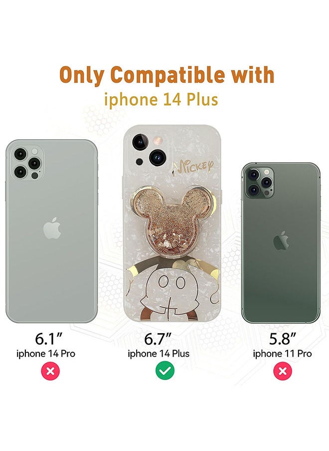 Compatible with iPhone 14 Plus Cartoon Case, Mickey Mouse with Quicksand Cell Phone Holder Strap Soft TPU Shockproof Protective White
