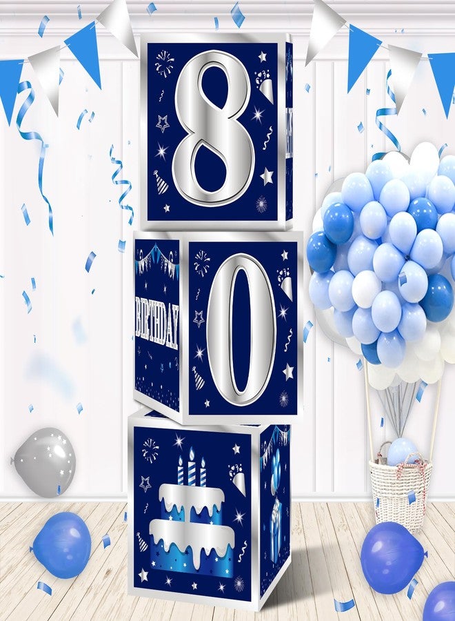 Turypaty 3 Packs Blue Silver 80th Birthday Decorations Boxes for Men, Blue Navy Happy 80 Birthday Balloons Boxes Party Supplies, Eighty Years Old Bday Cardboard Box Decoration - Image 1