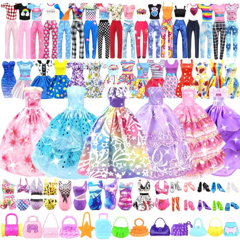 VLUSSO Doll Clothes and Accessories for 115 Inch Doll Dress Up Set with 1 Wedding Gown Dress 2 Fashion Dresses 4 Mini Dresses 2 Tops and Pants Outfits Swimsuits 10 Shoes 10 Bags Toys Gift for Girls - Image 2