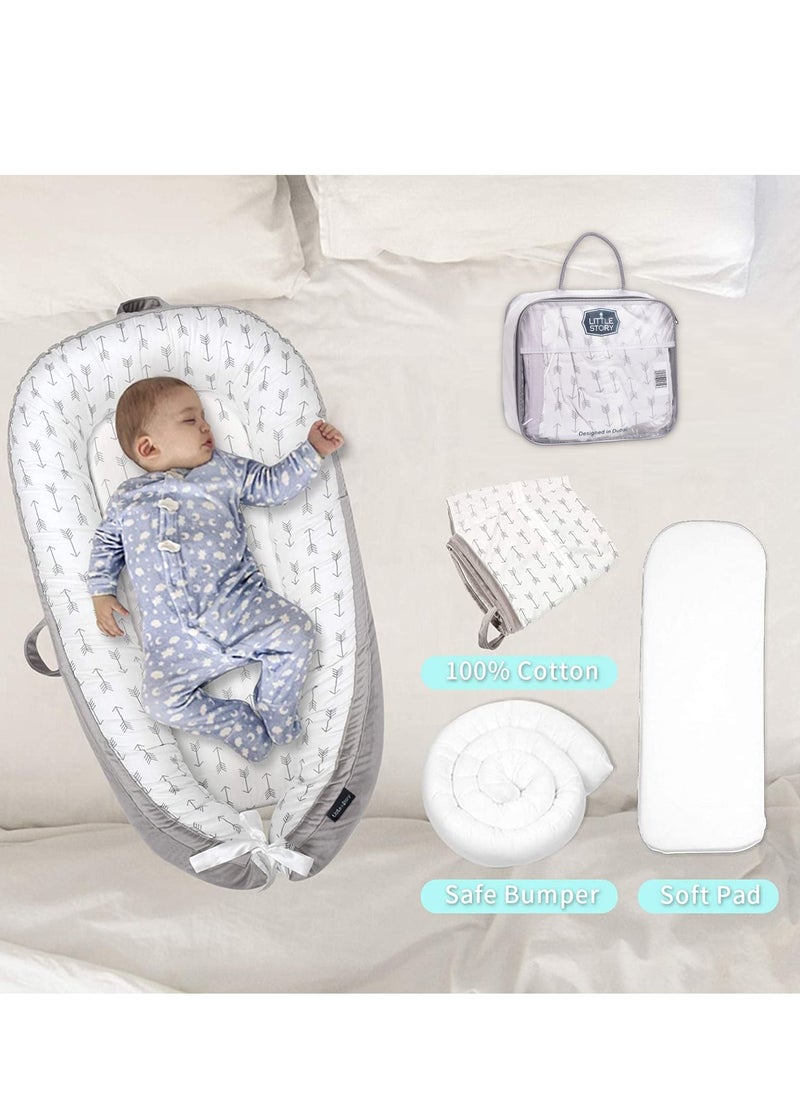 Little Story - Soft Breathable Fiberfill Newborn Lounger Bed - Arrow Grey - Image 1