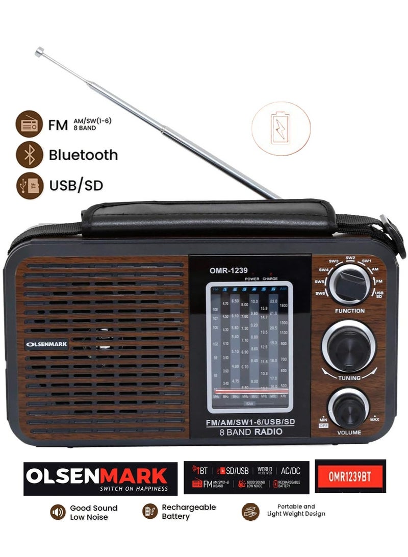 أولسنمارك راديو ومشغل موسيقى FM/AM/SW محمول مزود بمنفذ USB/SD/BT/MP3، جودة صوت عالية وممتازة ، مكبر صوت قوي مع ضوضاء منخفضة، بطارية مدمجة قابلة لإعادة الشحن وتصميم خفيف الوزن، راديو ثماني الموجات مع فك تشفير مزدوج لملفات MP3/WMA  بني/أسود (OMR1239BT ) - Image 1