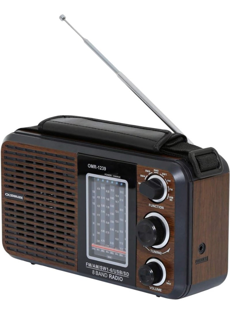 أولسنمارك راديو ومشغل موسيقى FM/AM/SW محمول مزود بمنفذ USB/SD/BT/MP3، جودة صوت عالية وممتازة ، مكبر صوت قوي مع ضوضاء منخفضة، بطارية مدمجة قابلة لإعادة الشحن وتصميم خفيف الوزن، راديو ثماني الموجات مع فك تشفير مزدوج لملفات MP3/WMA  بني/أسود (OMR1239BT ) - Image 2