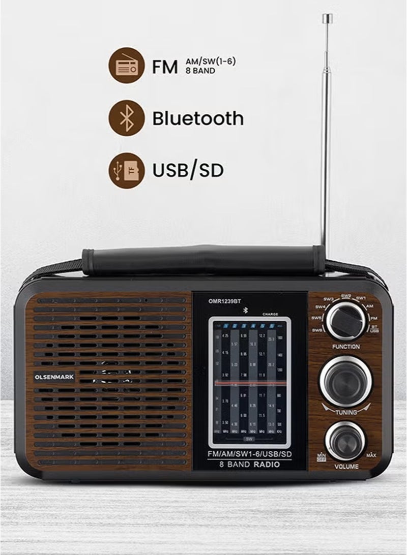أولسنمارك راديو ومشغل موسيقى FM/AM/SW محمول مزود بمنفذ USB/SD/BT/MP3، جودة صوت عالية وممتازة ، مكبر صوت قوي مع ضوضاء منخفضة، بطارية مدمجة قابلة لإعادة الشحن وتصميم خفيف الوزن، راديو ثماني الموجات مع فك تشفير مزدوج لملفات MP3/WMA  بني/أسود (OMR1239BT ) - Image 3