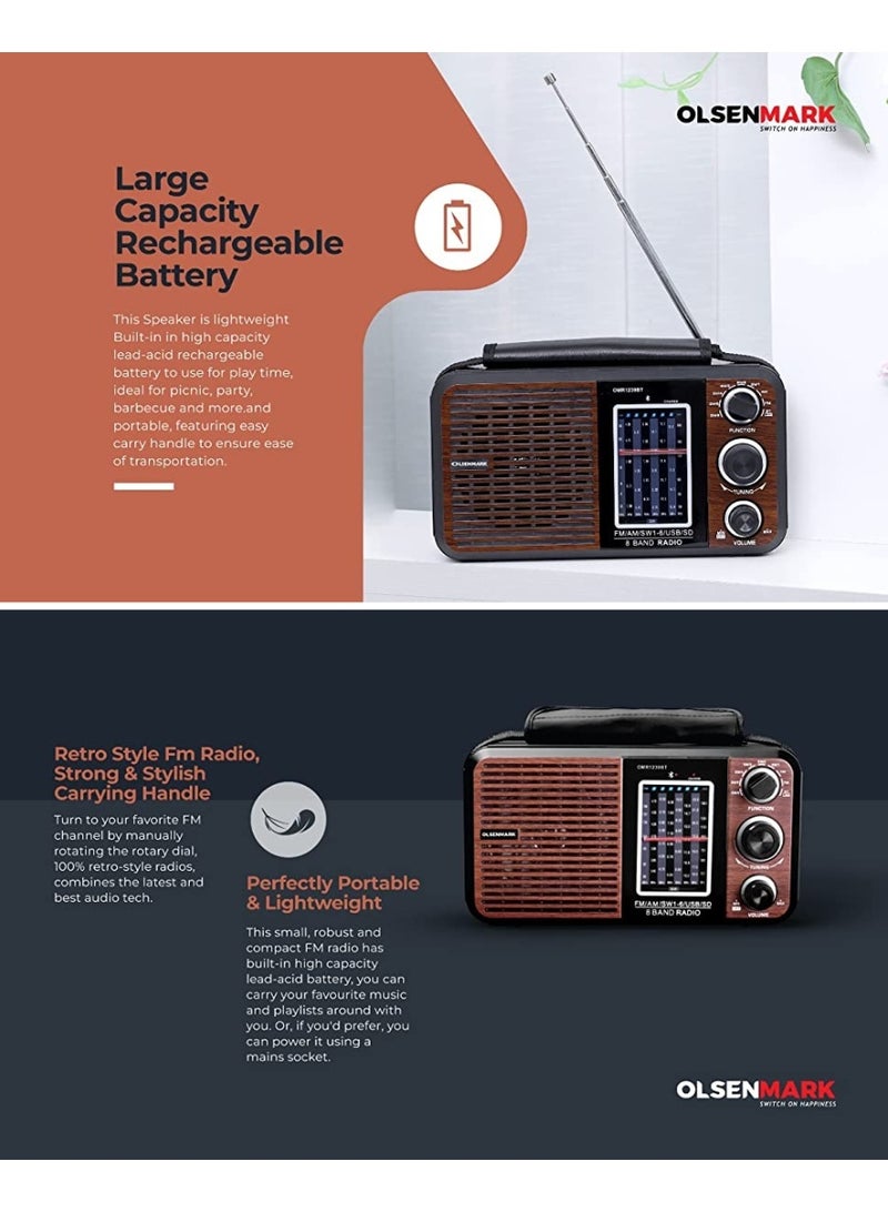 أولسنمارك راديو ومشغل موسيقى FM/AM/SW محمول مزود بمنفذ USB/SD/BT/MP3، جودة صوت عالية وممتازة ، مكبر صوت قوي مع ضوضاء منخفضة، بطارية مدمجة قابلة لإعادة الشحن وتصميم خفيف الوزن، راديو ثماني الموجات مع فك تشفير مزدوج لملفات MP3/WMA  بني/أسود (OMR1239BT ) - Image 4