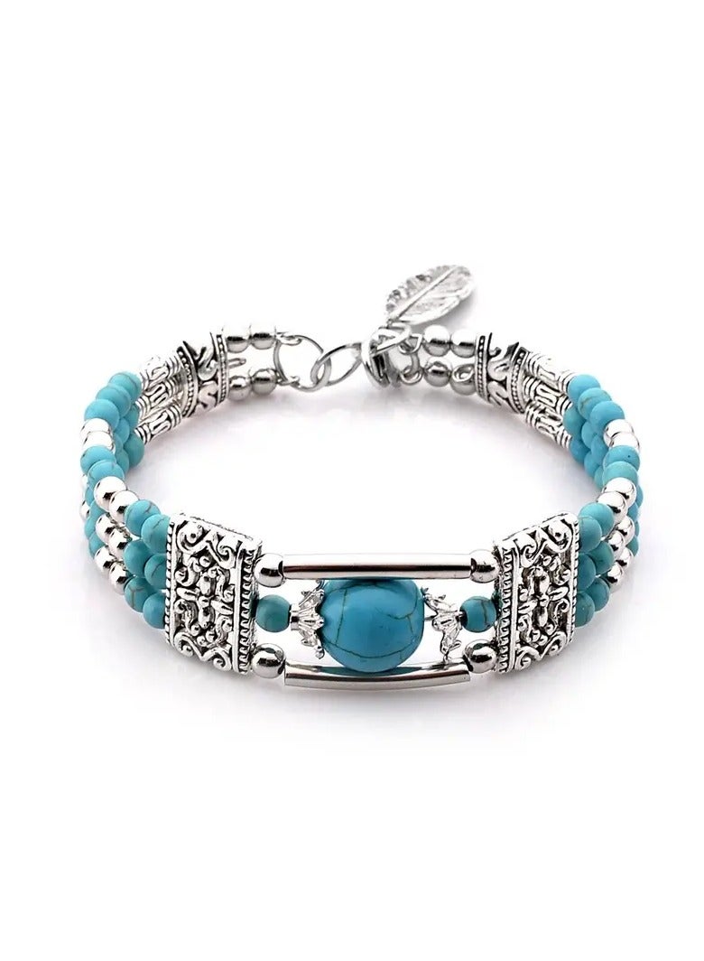 Goolsky 1pc Bohemian Style Natural Turquoise Bracelet, Vintage Alloy Silver Plated, Elegant Holiday Fashion Accessory for Women, No Power Required, Suitable for Music Festivals & Valentine's Day, All-Season Wear - Image 1