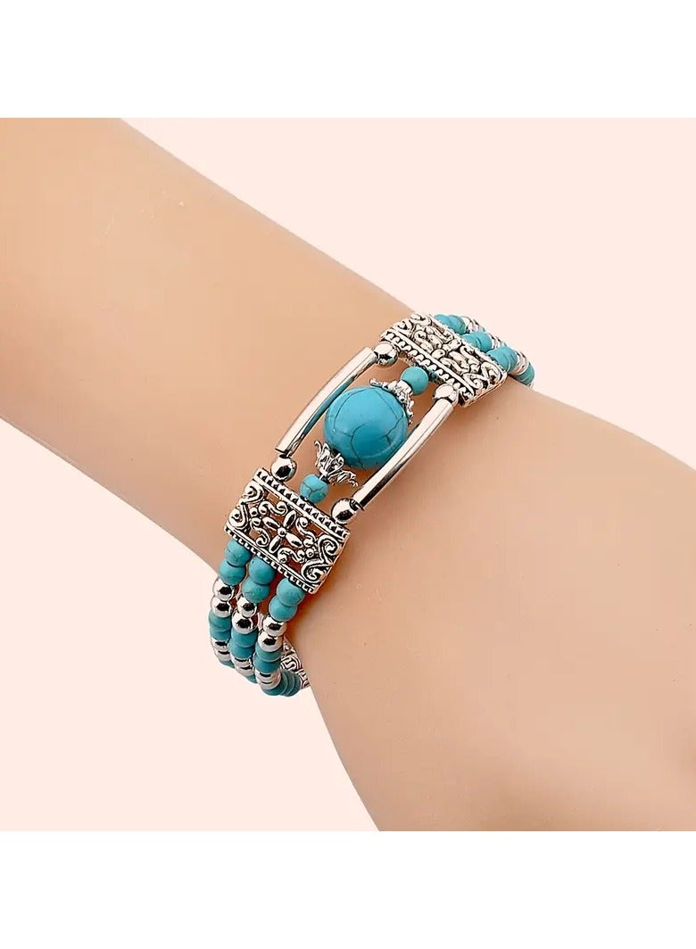 Goolsky 1pc Bohemian Style Natural Turquoise Bracelet, Vintage Alloy Silver Plated, Elegant Holiday Fashion Accessory for Women, No Power Required, Suitable for Music Festivals & Valentine's Day, All-Season Wear - Image 2