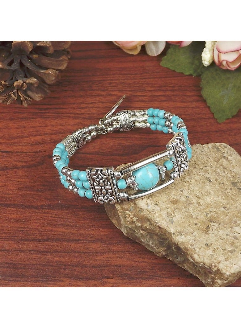 Goolsky 1pc Bohemian Style Natural Turquoise Bracelet, Vintage Alloy Silver Plated, Elegant Holiday Fashion Accessory for Women, No Power Required, Suitable for Music Festivals & Valentine's Day, All-Season Wear - Image 4