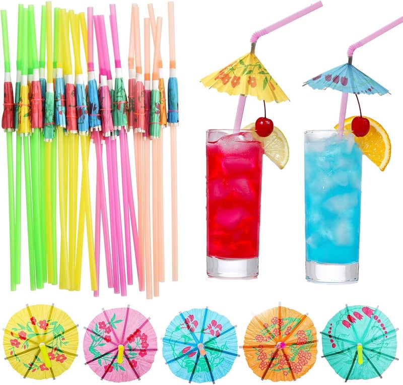 Haundry 24pcs Umbrella Straws, Long Cocktail Umbrella Party Straws, Plastic Drinking Straws for Tropical Summer Beach Luau Tiki Hawaiian Party Decorations, Umbrella - Image 1