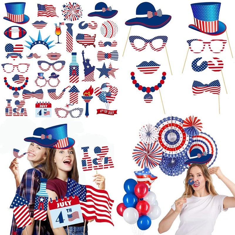 33 PCS 4th of July American Photo Booth Props USA Independence Day Patriotic Glasses I Love America Designer Photo Booth Props Kit Decor Celebrating Party DIY Decorations Supplies