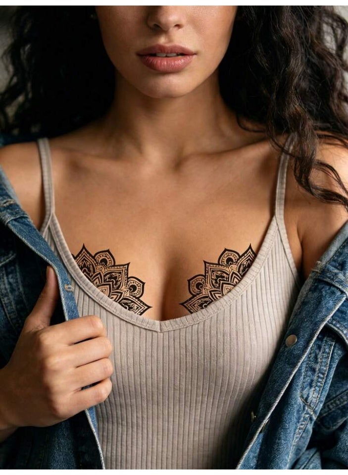 Waterproof Temporary Tattoo Set Symmetrical Mandala & Lace Designs for Chest and Body - Twin Pack Underboob Tattoo Stickers for Women - Image 1