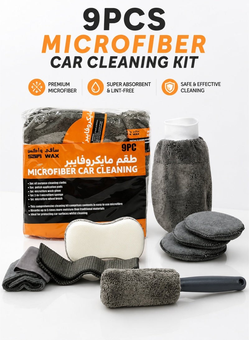 Safi WAX 9PCS Premium Microfiber Car Cleaning Kit, Car Wash Cleaning Set, Microfiber Wash Glove, Cleaning Cloths, Wax Applicator Pads, Wheel Brush, Wash Sponge, Auto Detailing Kit, Scratch-Free Car Care Accessories for Cars, SUVs, Trucks - Image 1