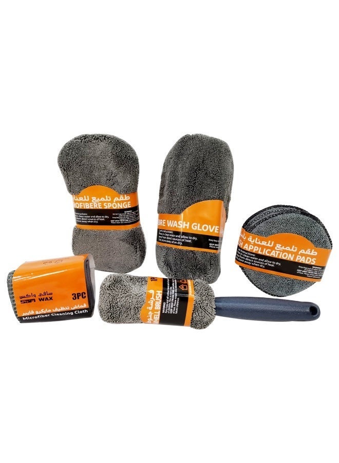 Safi WAX 9PCS Premium Microfiber Car Cleaning Kit, Car Wash Cleaning Set, Microfiber Wash Glove, Cleaning Cloths, Wax Applicator Pads, Wheel Brush, Wash Sponge, Auto Detailing Kit, Scratch-Free Car Care Accessories for Cars, SUVs, Trucks - Image 2
