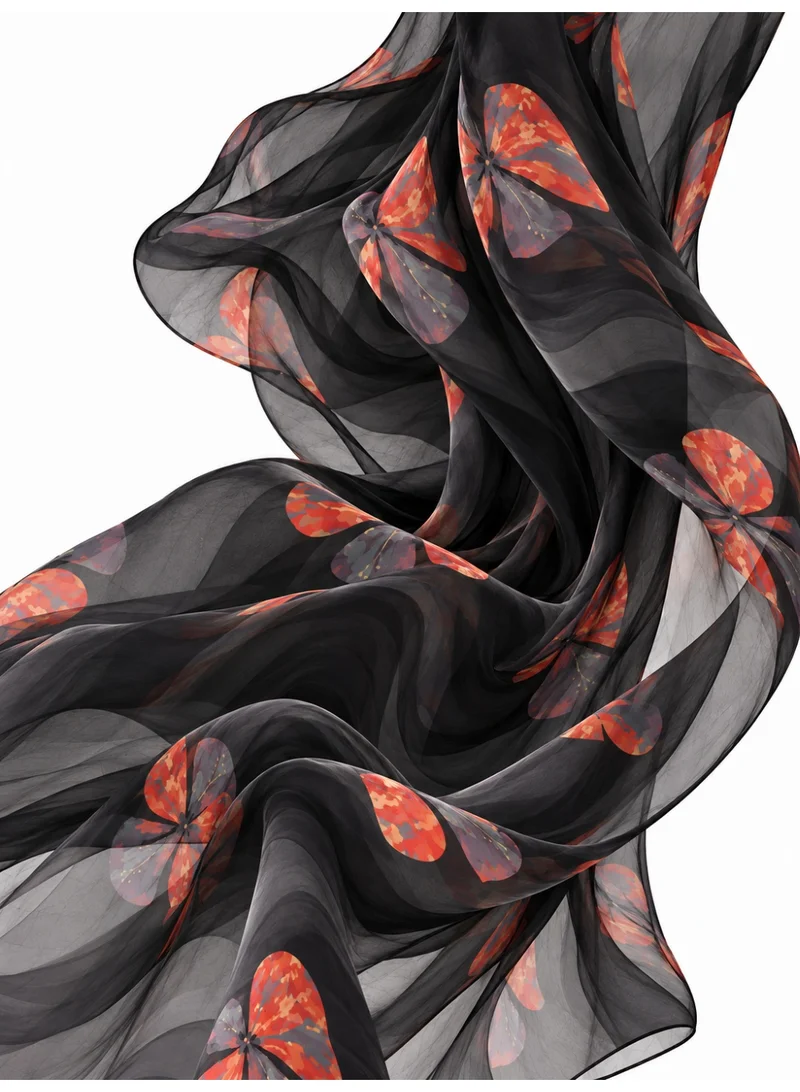 Amnad International  Black Silk Abaya Set with Abstract Floral Print & Chiffon Hijab for Women | Best Price UAE
