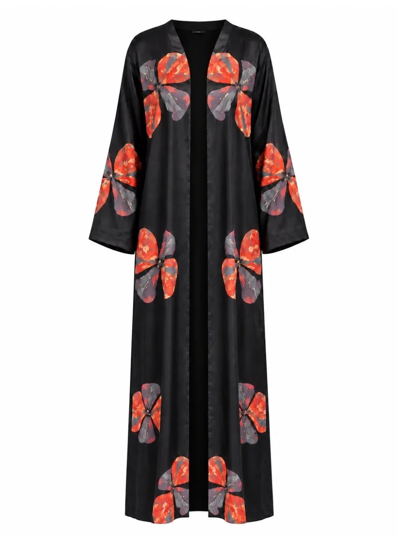 Amnad International  Black Silk Abaya Set with Abstract Floral Print & Chiffon Hijab for Women | Best Price UAE
