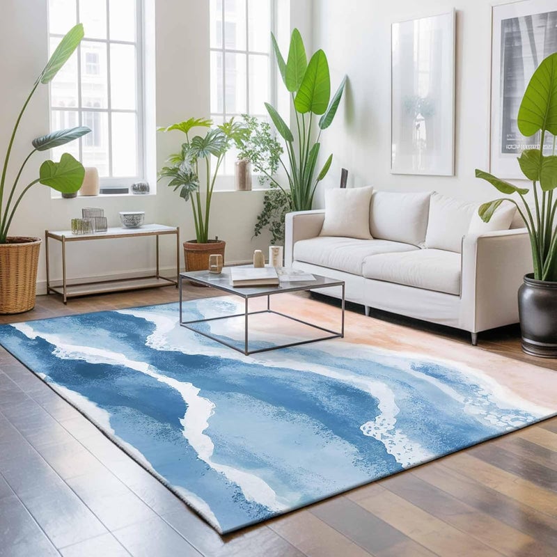 Hallway Runner Rug 2.7'x5', Lake Blue Coastal Washable Bathroom Area Rugs for Kitchen Bedroom Laundry, Summer Ocean Nautical Watercolor Non Slip Door Mat Indoor Entrance Floor Throw Bedsides Carpet - Image 5