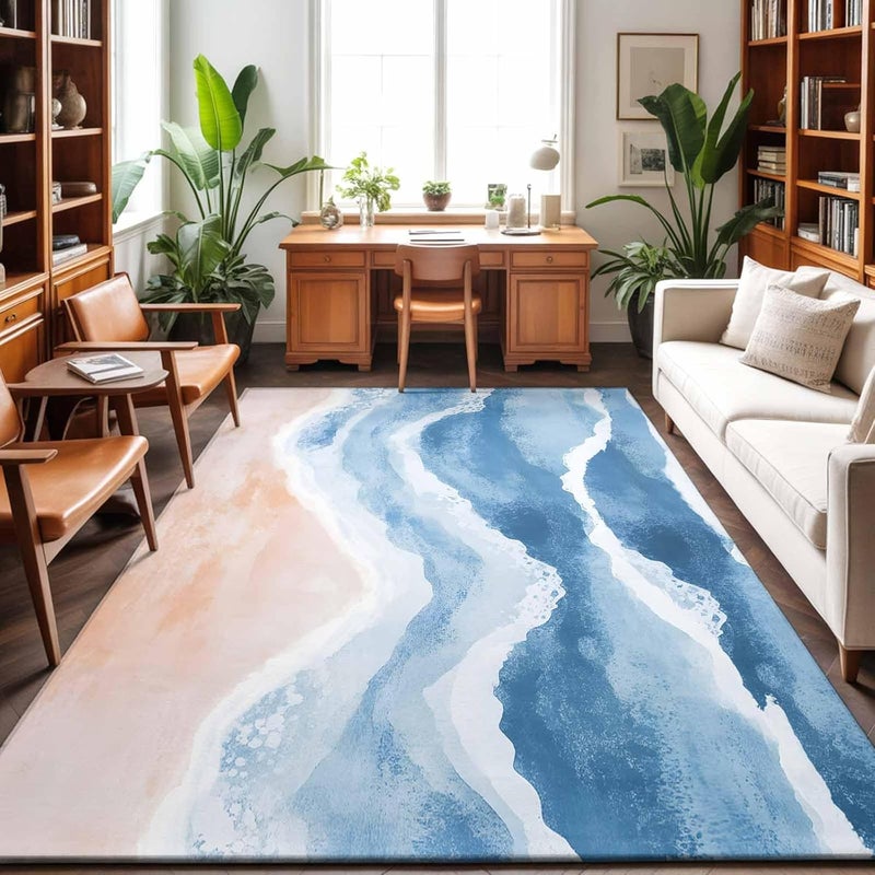 Hallway Runner Rug 2.7'x5', Lake Blue Coastal Washable Bathroom Area Rugs for Kitchen Bedroom Laundry, Summer Ocean Nautical Watercolor Non Slip Door Mat Indoor Entrance Floor Throw Bedsides Carpet - Image 1