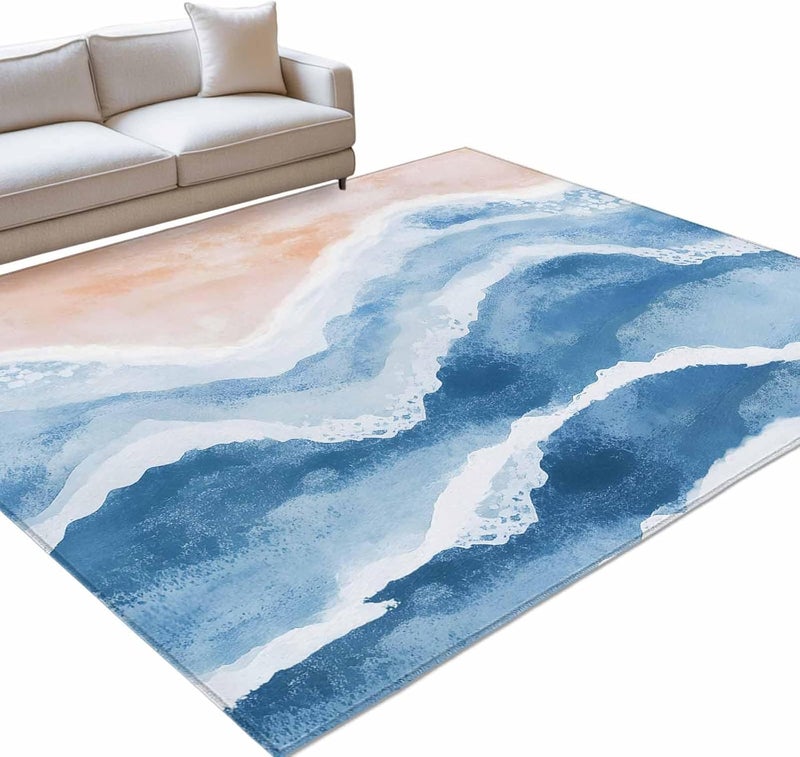 Hallway Runner Rug 2.7'x5', Lake Blue Coastal Washable Bathroom Area Rugs for Kitchen Bedroom Laundry, Summer Ocean Nautical Watercolor Non Slip Door Mat Indoor Entrance Floor Throw Bedsides Carpet - Image 3
