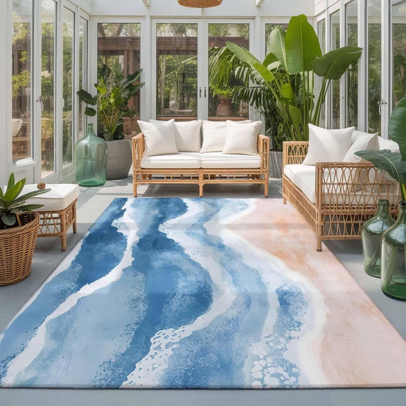 Hallway Runner Rug 2.7'x5', Lake Blue Coastal Washable Bathroom Area Rugs for Kitchen Bedroom Laundry, Summer Ocean Nautical Watercolor Non Slip Door Mat Indoor Entrance Floor Throw Bedsides Carpet - Image 4