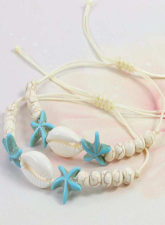 Pingyongchang Surfer Turquoise Colorful Starfish Shell Beads Bracelets Stackable Bangle for Women Waterproof Handmade Starfish Sea Bracelet Adjustable Boho Summer Ocean Beach Accessories-B - Image 3
