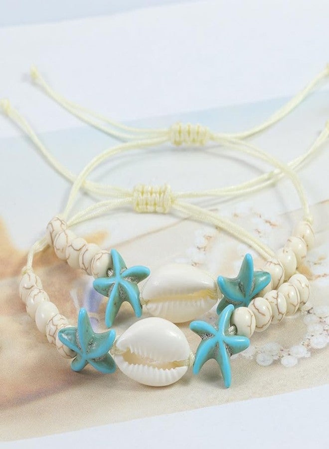 Pingyongchang Surfer Turquoise Colorful Starfish Shell Beads Bracelets Stackable Bangle for Women Waterproof Handmade Starfish Sea Bracelet Adjustable Boho Summer Ocean Beach Accessories-B - Image 2