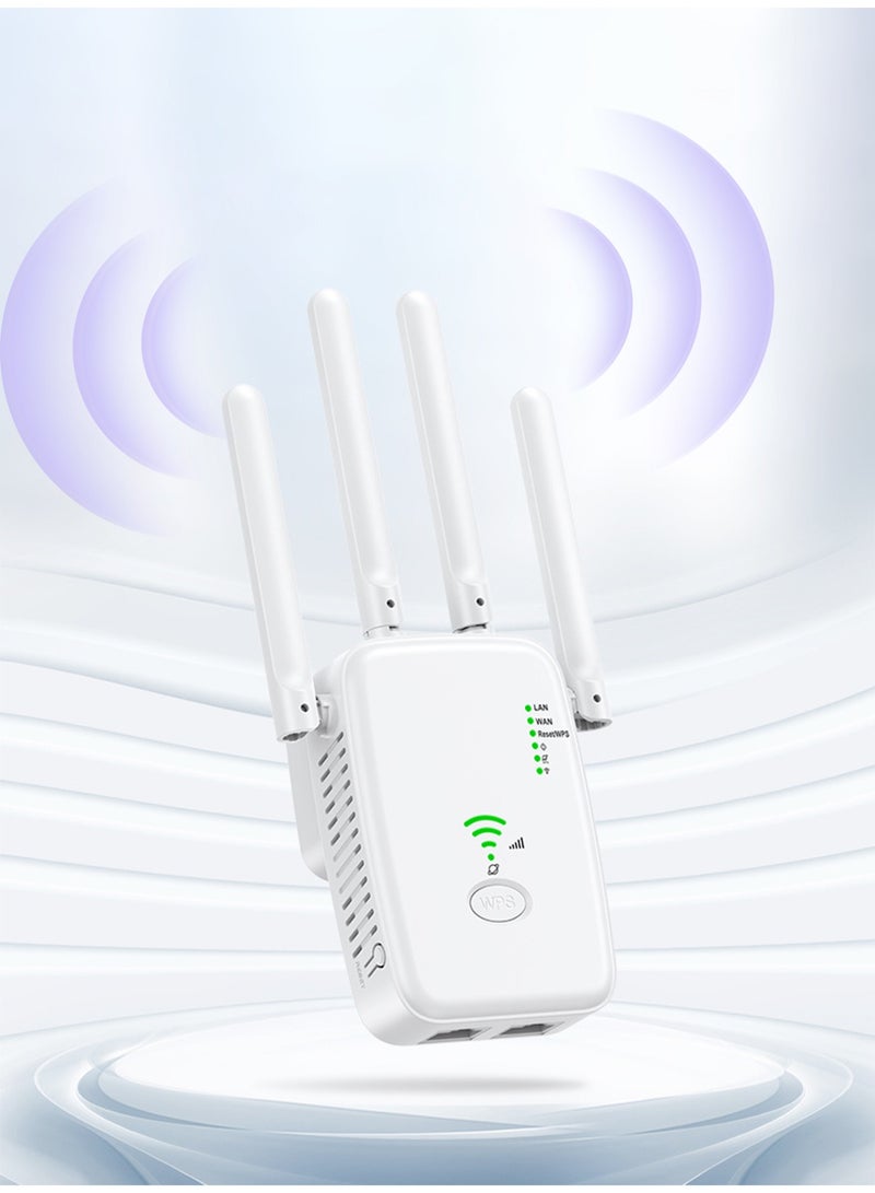 Ghurrah WiFi signal extender, WiFi signal repeater, 300Mbps, dual-band 5GHz/2.4GHz WiFi extender with four antennas, can fully cover large residences, can be set up with one click via WPS, and can be used immediately after connection. - Image 1