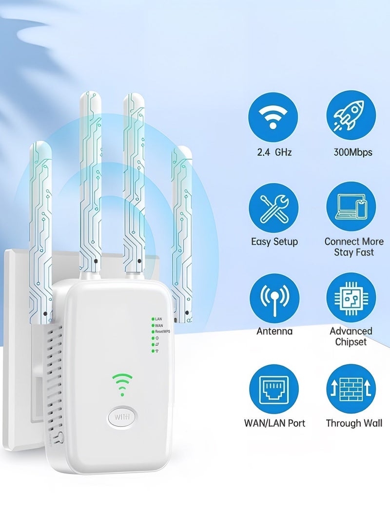 Ghurrah WiFi signal extender, WiFi signal repeater, 300Mbps, dual-band 5GHz/2.4GHz WiFi extender with four antennas, can fully cover large residences, can be set up with one click via WPS, and can be used immediately after connection. - Image 4