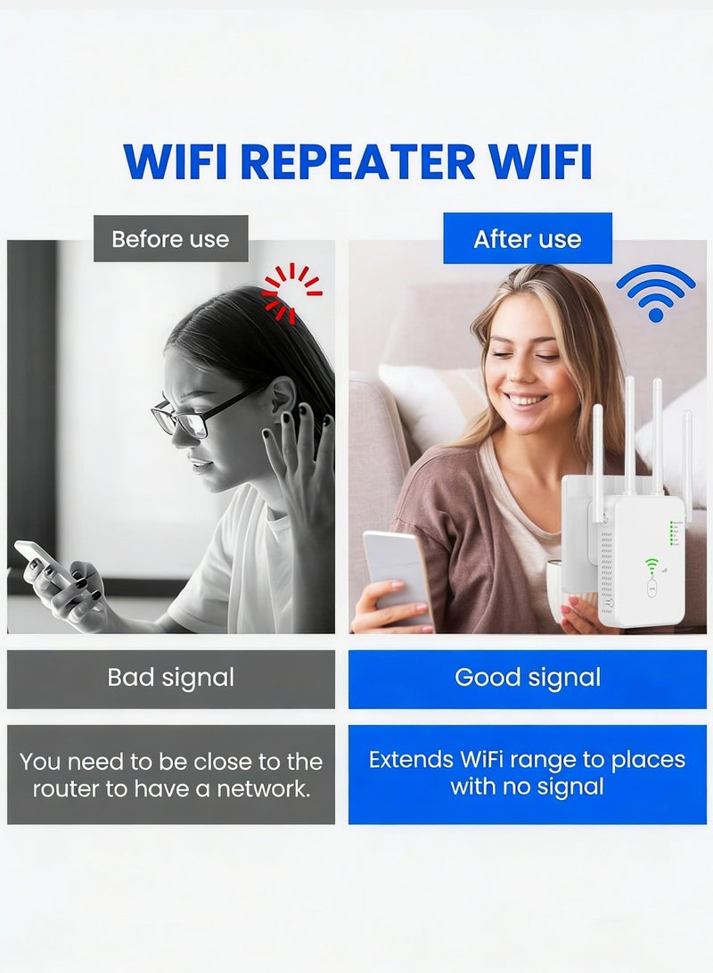 Ghurrah WiFi signal extender, WiFi signal repeater, 300Mbps, dual-band 5GHz/2.4GHz WiFi extender with four antennas, can fully cover large residences, can be set up with one click via WPS, and can be used immediately after connection. - Image 3