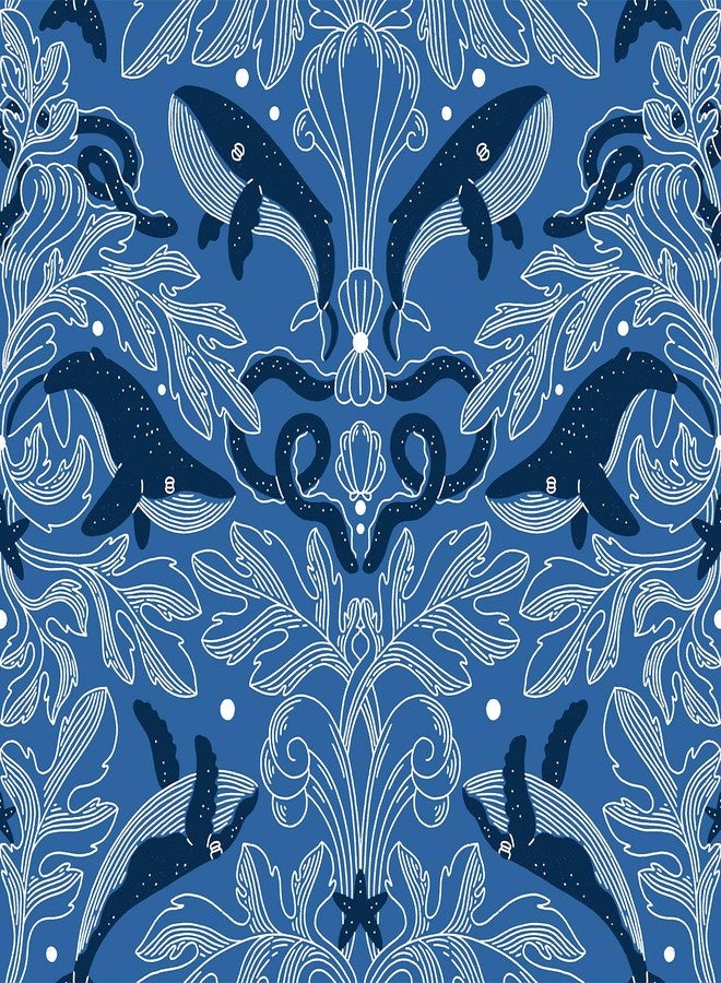 ReWallpaper ورق حائط ReWallpaper أزرق قابل للتقشير واللصق، ورق حائط عصري أزرق داكن اللون لغرفة النوم، مقاس 17.5 بوصة × 23 قدمًا، ورق حائط أزرق وأبيض بنقشة أسماك الحوت الساحلية، ورق حائط من الفينيل اللاصق ذاتيًا للحمام وغرفة المعيشة - Image 1