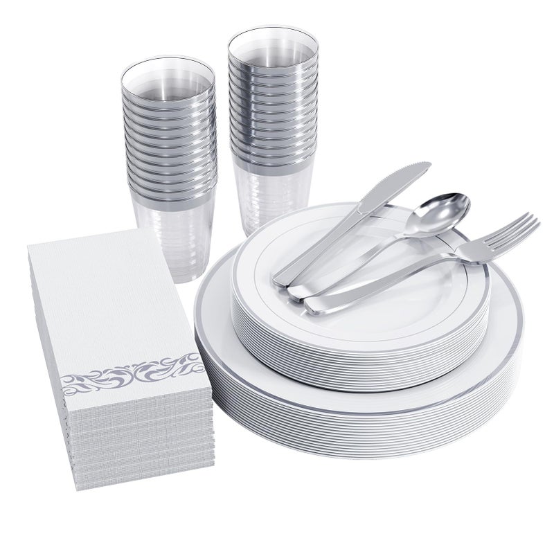 FOCUSLINE FOCUSLINE 175 Count Silver Dinnerware Set for 25 Guests  Silver Rimmed White Disposable Plastic Plates Heavy Duty Includes 25 Dinner  Salad Plates Cups Cutlery Set for Wedding Parties 