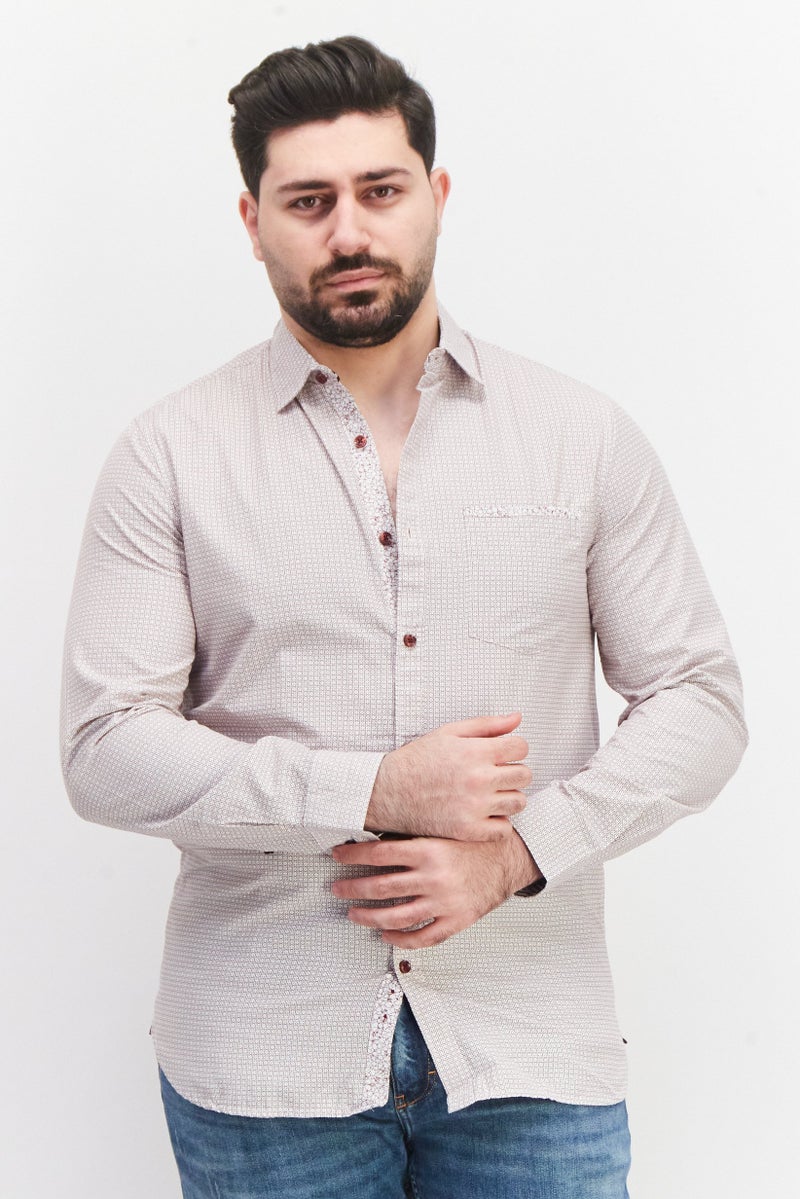 william rast قميص رجالي عادي بأكمام طويلة بنمط مطبوع، بني - Image 1