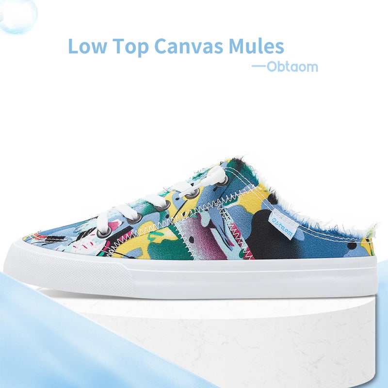 Obtaom Women Tie Dye Canvas Mules Memory Foam Clipper Fashion Sneakers Comfortable Multi Slip-On Mule Backless Holiday Shoes(Yellow/Blueï¼ŒUS9) - Image 3