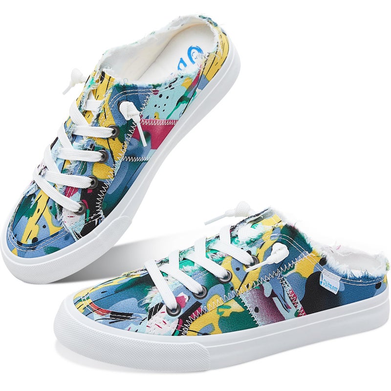 Obtaom Women Tie Dye Canvas Mules Memory Foam Clipper Fashion Sneakers Comfortable Multi Slip-On Mule Backless Holiday Shoes(Yellow/Blueï¼ŒUS9) - Image 1