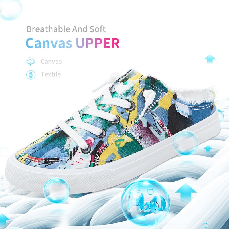 Obtaom Women Tie Dye Canvas Mules Memory Foam Clipper Fashion Sneakers Comfortable Multi Slip-On Mule Backless Holiday Shoes(Yellow/Blueï¼ŒUS9) - Image 4