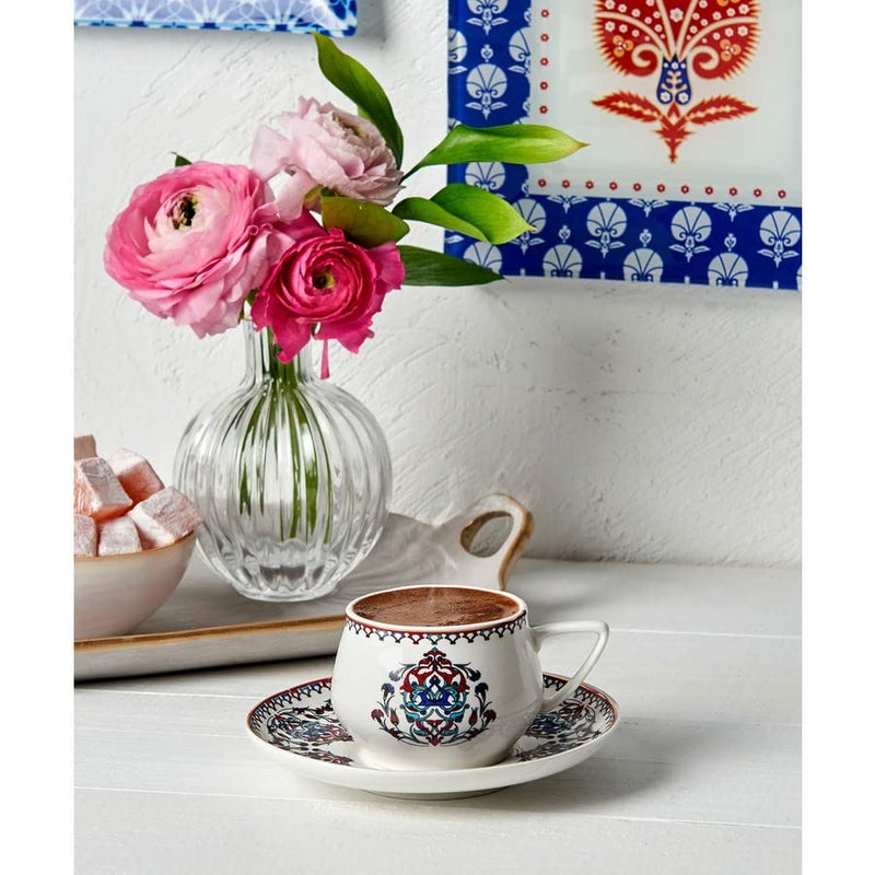 KARACA Nakkas Turkish Coffee Cup Set of 6, (12 Piece) White Cups with Saucers - 3.3 fl oz Small Porcelain Espresso Set - Ideal for Serving Greek, Arabic Coffee - Image 2
