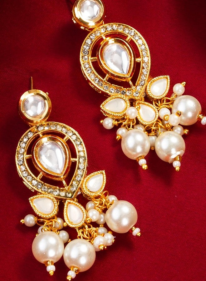 Bevogue Traditional Kundan Pearl Drop Earrings | Gold Plated Ethnic Chandbali Earrings for Women and Girls | White Stone & Pearl Dangler Jewellery | Lightweight Brass Stud Earrings (ER4123) - Image 3