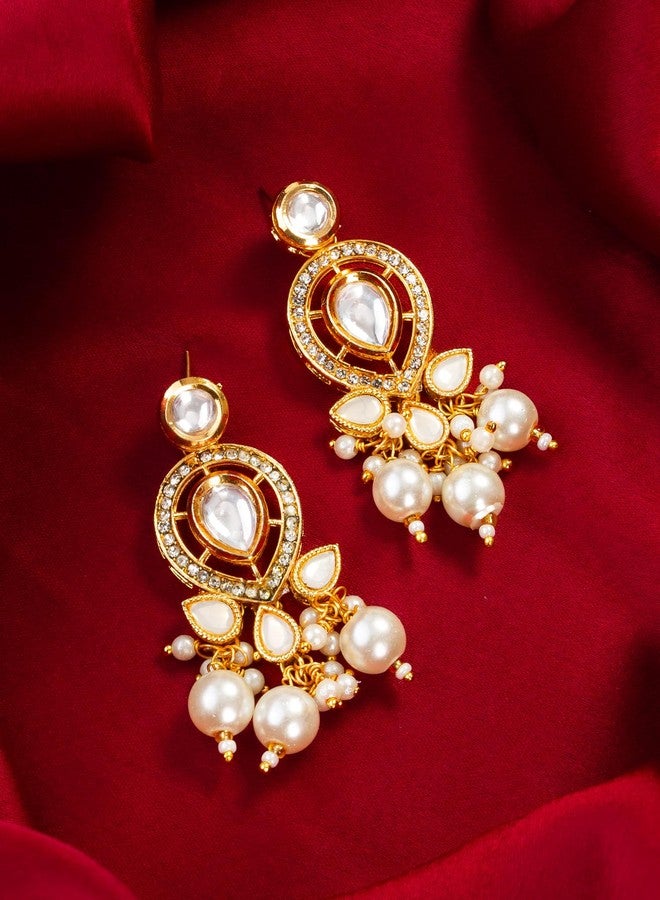 Bevogue Traditional Kundan Pearl Drop Earrings | Gold Plated Ethnic Chandbali Earrings for Women and Girls | White Stone & Pearl Dangler Jewellery | Lightweight Brass Stud Earrings (ER4123) - Image 2