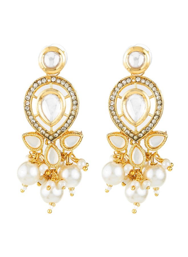 Bevogue Traditional Kundan Pearl Drop Earrings | Gold Plated Ethnic Chandbali Earrings for Women and Girls | White Stone & Pearl Dangler Jewellery | Lightweight Brass Stud Earrings (ER4123) - Image 1