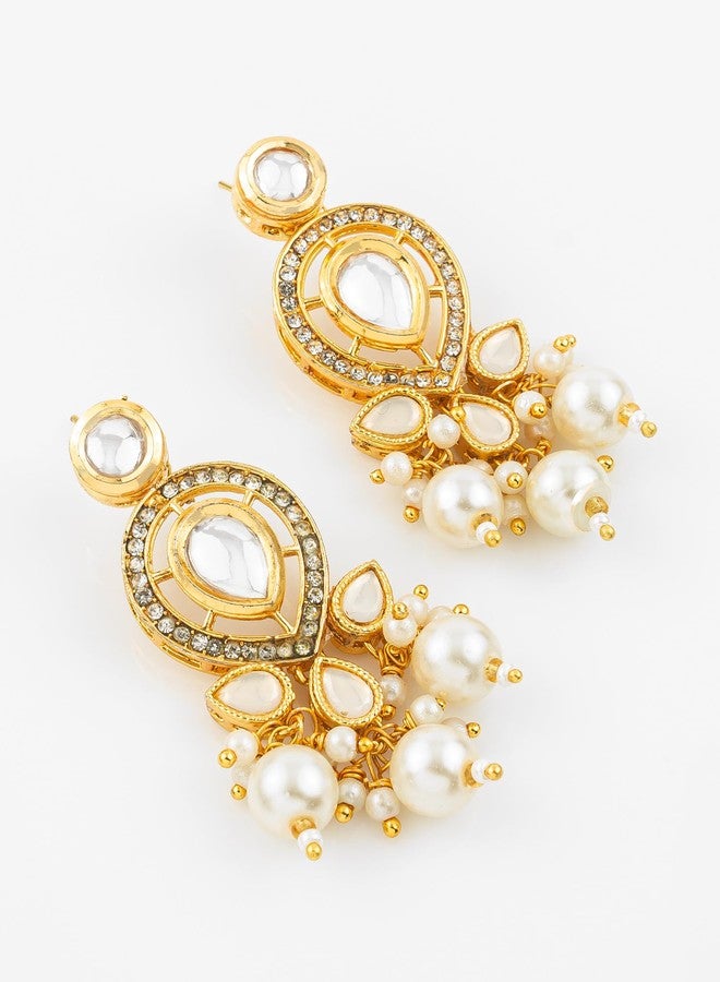 Bevogue Traditional Kundan Pearl Drop Earrings | Gold Plated Ethnic Chandbali Earrings for Women and Girls | White Stone & Pearl Dangler Jewellery | Lightweight Brass Stud Earrings (ER4123) - Image 5