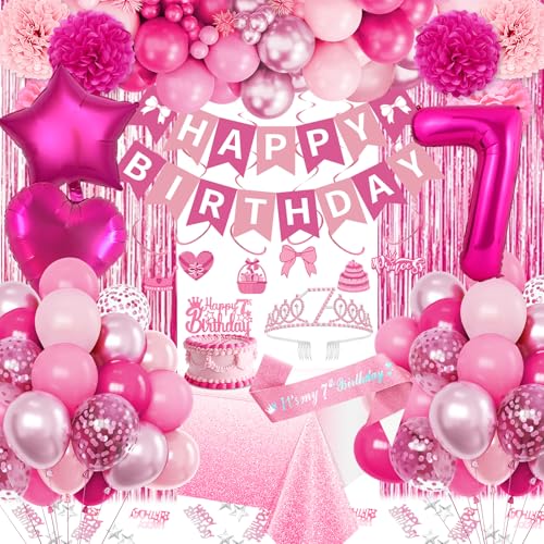 Fantspati 7th Birthday Decorations for Girls Pink Party Decorations with Number 7 Balloon Happy Birthday Banner Bday Sash Crown Tablecloth Fringe Curtain Hanging Swirl for 7 Balloons for Bday Girl - Image 1