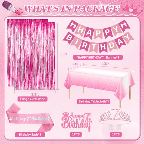 Fantspati 7th Birthday Decorations for Girls Pink Party Decorations with Number 7 Balloon Happy Birthday Banner Bday Sash Crown Tablecloth Fringe Curtain Hanging Swirl for 7 Balloons for Bday Girl - Image 5