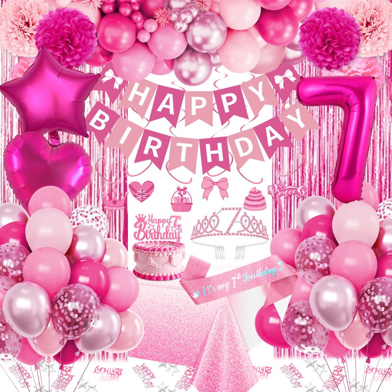 Fantspati 7th Birthday Decorations for Girls Pink Party Decorations with Number 7 Balloon Happy Birthday Banner Bday Sash Crown Tablecloth Fringe Curtain Hanging Swirl for 7 Balloons for Bday Girl - Image 3