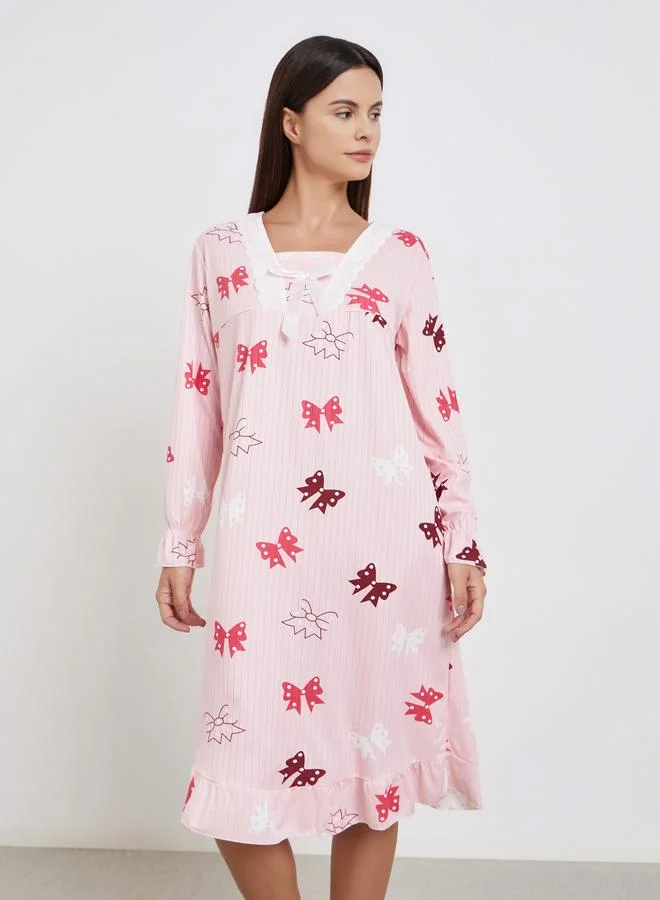 Take Two Take Two Pink Bow Print Long Sleeve Nightdress