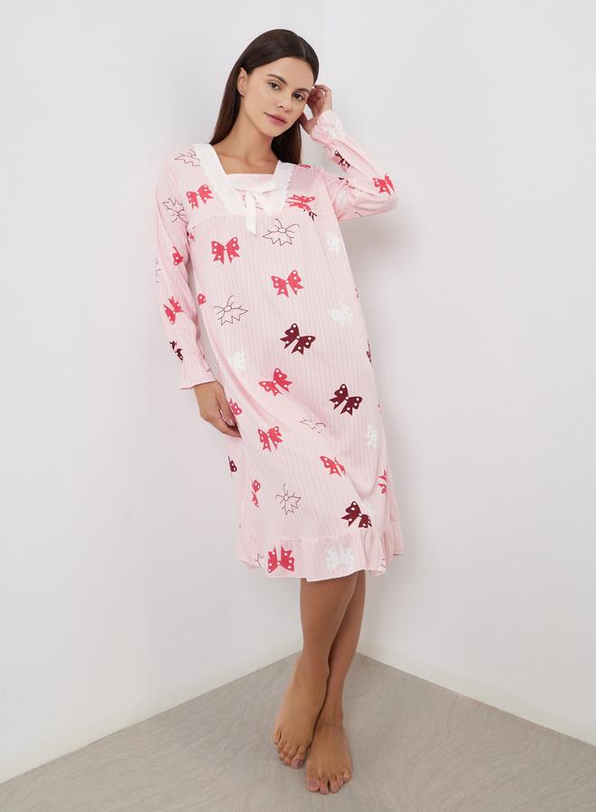 Take Two Pink Bow Print Long Sleeve Nightdress - Image 1