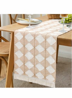 Excefore Table Runner, Hand Woven Table Runners Splicing Cotton with Tassel for Bohemian Decor, Beige Cream Boho Table Runner for Fall Wedding Party Modern Farmhouse Kitchen Dining Table Decor(71x 13.8")  - Image 1