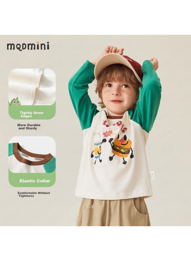 Mqdmini Boys' Long Sleeve T-shirt 5a Antibacterial Children's Colorblock Base Shirt Kids' Clothing Delicious Burger - Image 2