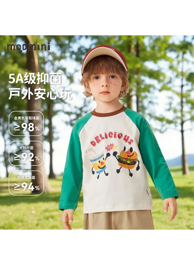 Mqdmini Boys' Long Sleeve T-shirt 5a Antibacterial Children's Colorblock Base Shirt Kids' Clothing Delicious Burger - Image 1